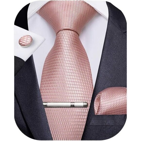 🆕Men Pink Plaid Silk Checkered Necktie and Pocket Square Cufflinks Tie Clip Set